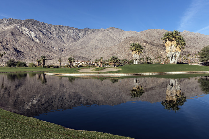 campo da golf, caratteristica dell'acqua, deserto, Indian Canyon golf resort, Palm springs, California, Stati Uniti d'America