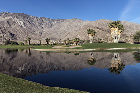golfa laukums, ūdens iezīme, tuksnesis, Indijas kanjonos golfa kūrorts, Palm springs, California, ASV