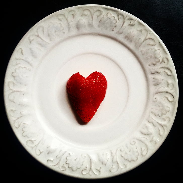 jahoda, tanier, srdce, láska, červená, ovocie, srdcový tvar