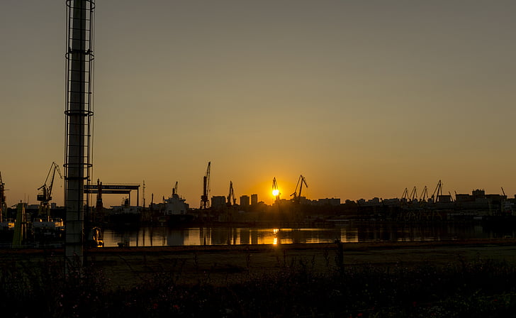 pôr do sol, Porto, naves, sol, industrial, noite, área