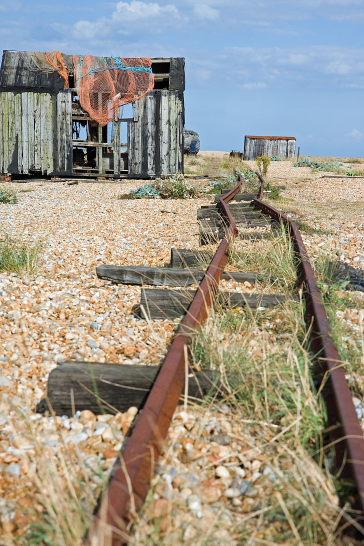 rail tracks, old, disused, beach, rusty, shingle, shack