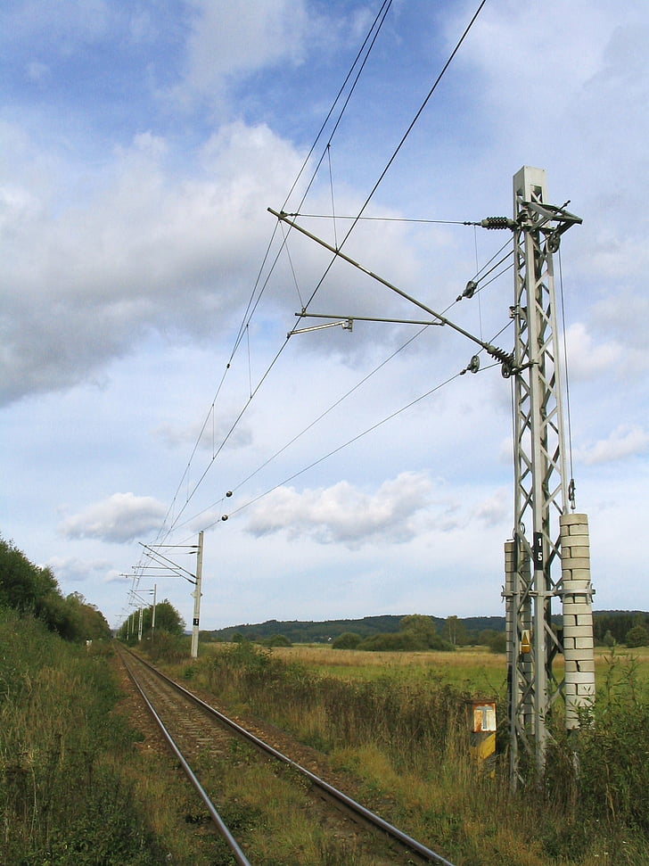 Eisenbahn, Route, Schienen, Bahngleise, Oberleitung, Fluchtpunkt