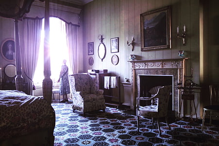 woman, standing, near, window, room, house, interior