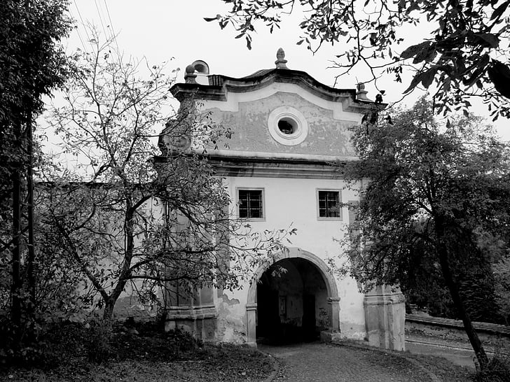 gate, trees, black and white, city, path, slovakia