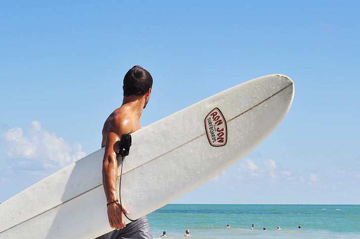 man, carrying, surfboard, caucasian, guy, sea, sky