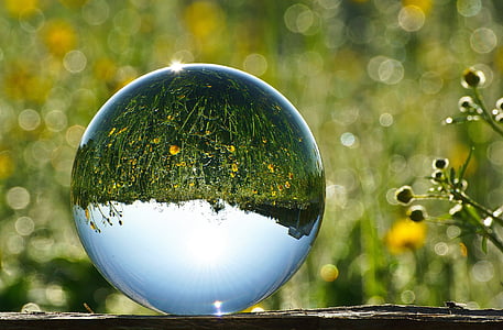 bola de vidre, pilota, vidre, imatge de globus, reflectint, miralls, paisatge