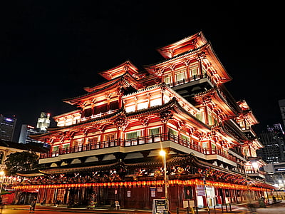 temple du Bouddha de dent relique, Singapour, Chinatown, bouddhisme, nuit, éclairage, attraction touristique