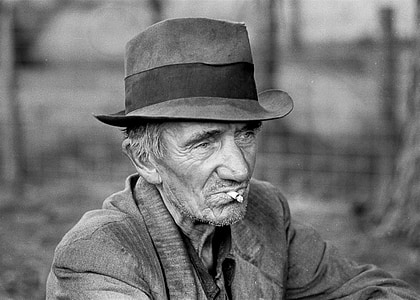 Starý muž, klobouk, špatné, kouření, farmář, ročník, Retro