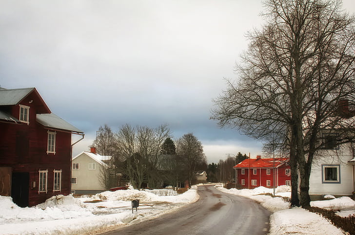 enviken, sweden, village, town, houses, homes, winter