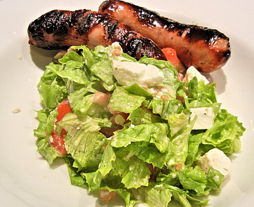 bbq sausage, green salad, feta cheese, food