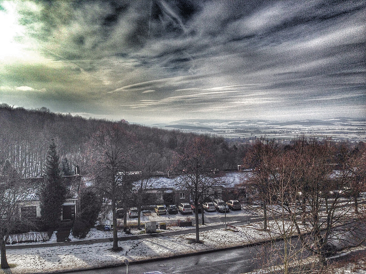 Kış, HDR, Orman, bulutlar, kar, gökyüzü, Dışarıda