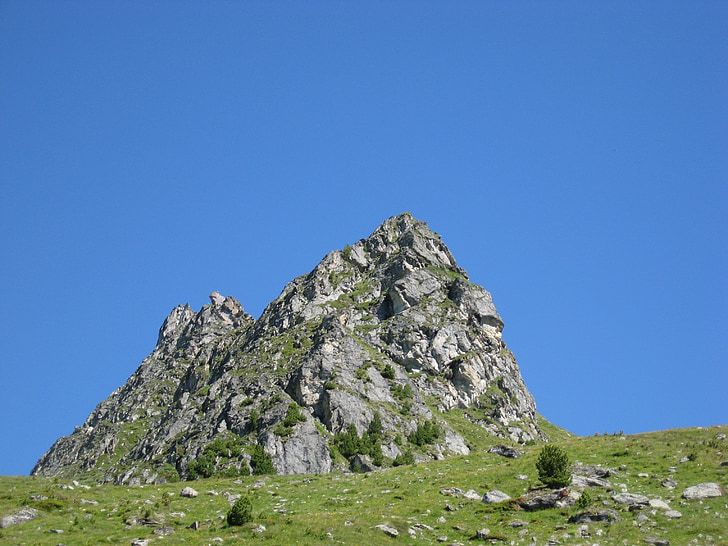 mountain, hill, rock, blue, grey, green, meadow