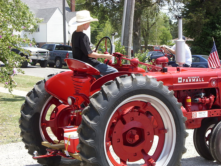 tractor, equipment, farming, mechanical, machinery, farmer, cowboy hat
