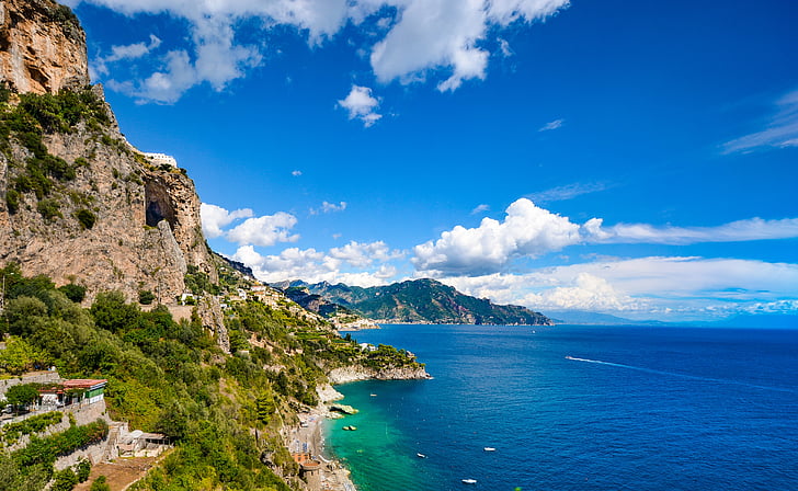 Amalfi, coasta, mare, plajă, linia de coastă, cer, Munţii