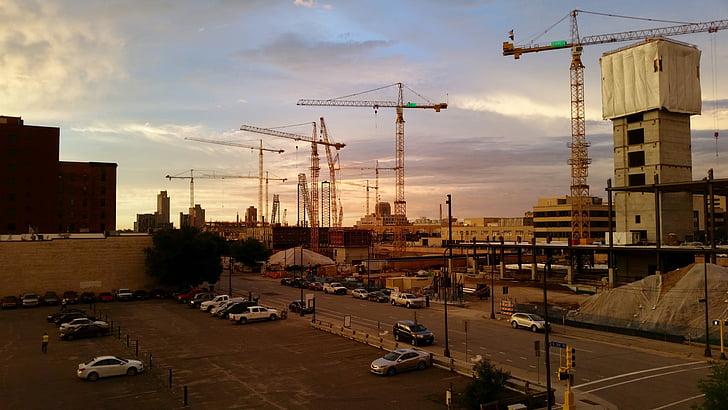 cranes, construction, building site, minnesota, usa, scaffolding, machinery