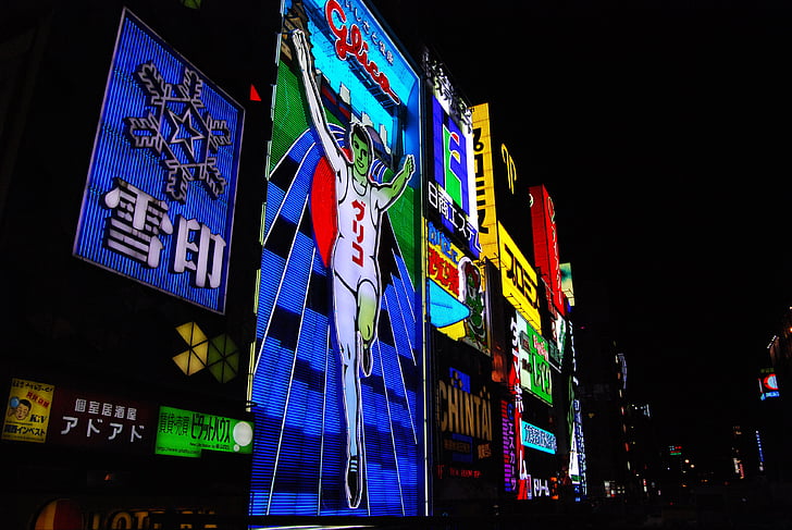 noćni pogled, Osaka, Južni, Dotonbori, grad, Glico, Neon