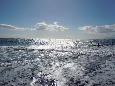 mer, racaille, océan, vague, paysage, mouvement, bleu