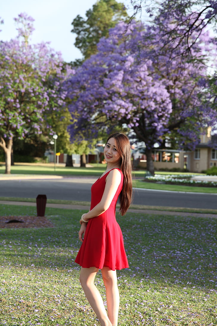 Student der Universität, kleine frisch, blaue Blume Kirsche, Frau, Asien, rotes Kleid