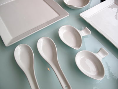 Branco, conjunto de talheres, restaurante, utensílio