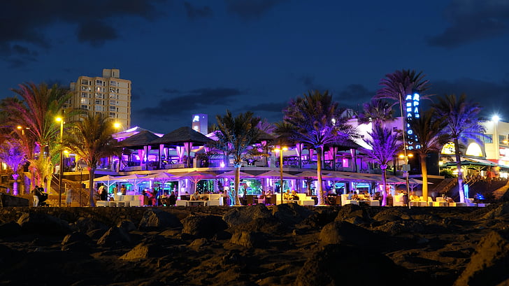 plážový bar, Tenerife, Miami, noční