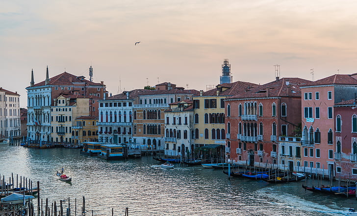 Wenecja, Włochy, Architektura, zachód słońca, Grand canal, gondola, Gondolier