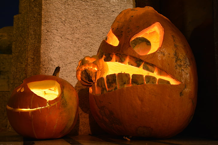 Halloween, græskar, ansigter, stearinlys, dekoration, efterår, lanterne