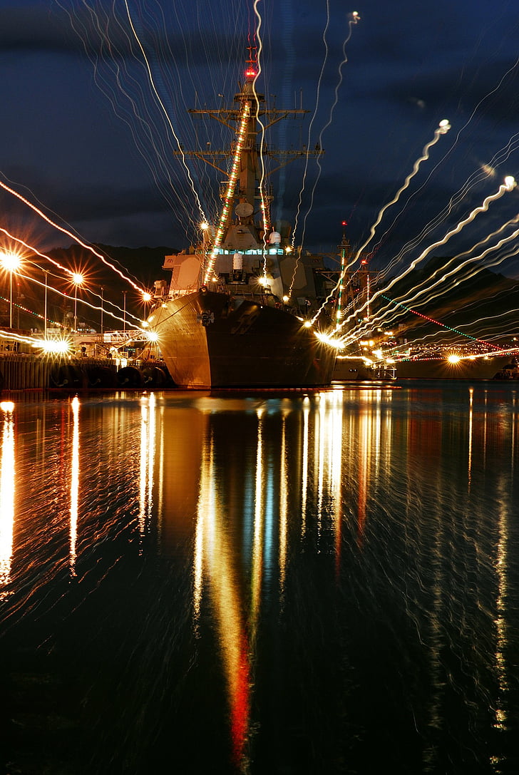 Pearl harbor, krigsskib, skib, belysning, lette spor, lys