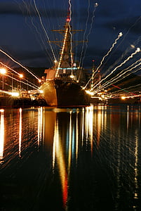 Pearl harbor, navire de guerre, navire, éclairage, pistes de lumière, lumières