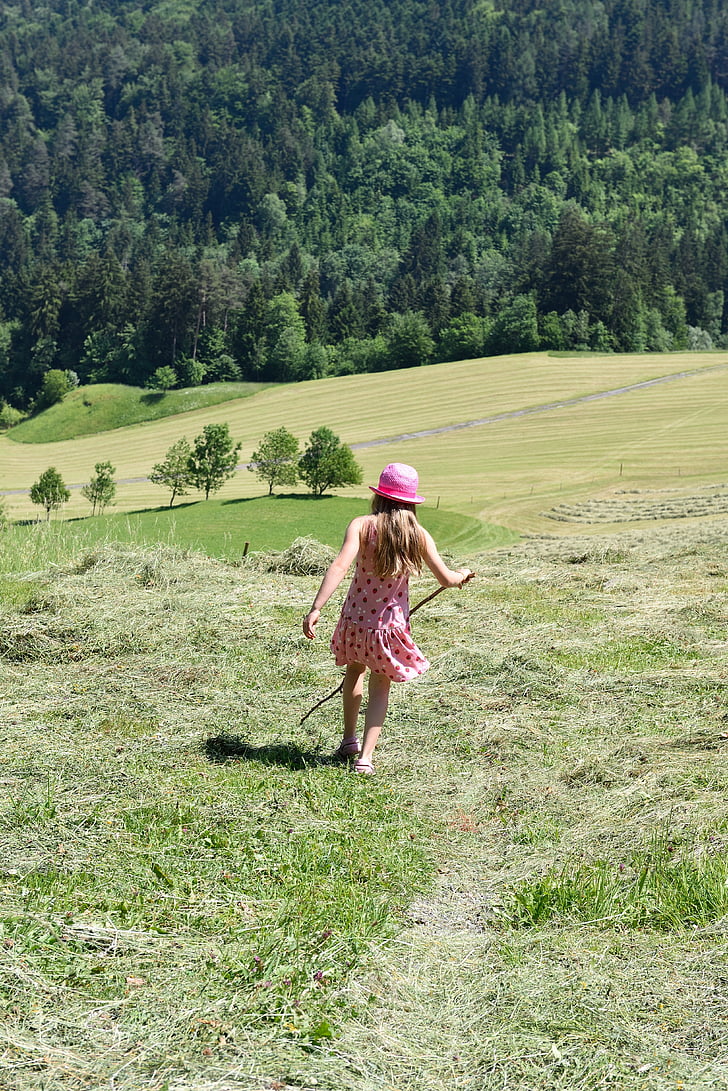 human, person, child, girl, meadow, nature trail, hay