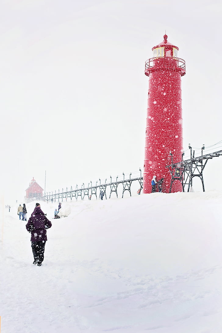 lighthouse, red, michigan, people, winter, walking, snow