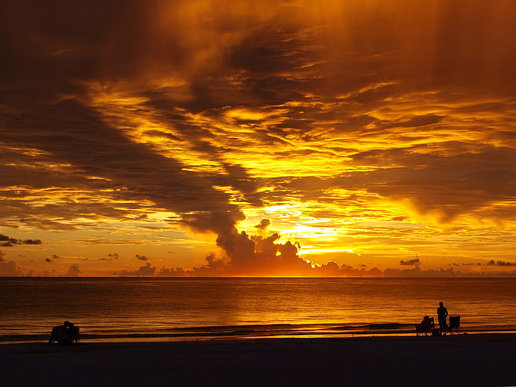 posta de sol, riba indi, platja, núvols, taronja, paisatge, Florida
