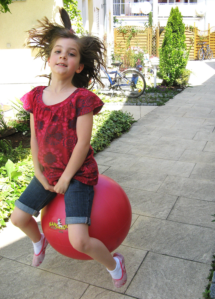 girl, dopsball, hüpfball, fun, out, dopsen