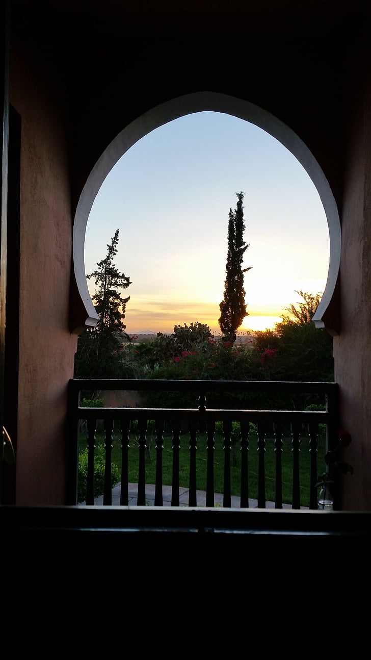 marrakech, lever, de, soleil, architecture, silhouette