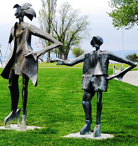 sculpture, man, child, lake park, romanshorn, lake constance, switzerland