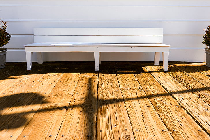 white, wooden, bench, brown, floor, wood, deck