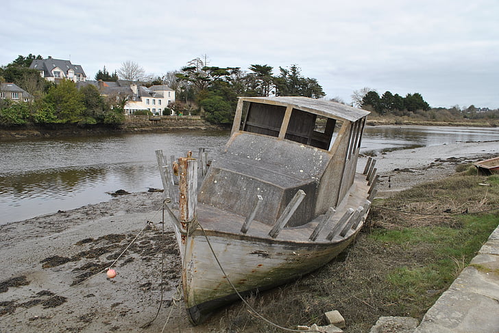 thuyền, Port, Brittany, hủy hoại, bị bỏ rơi, xác tàu đắm, nước