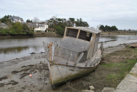 小船, 端口, 布列塔尼, 废墟, 被遗弃, 残骸, 水