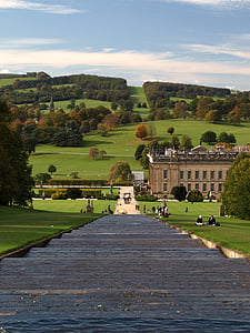 chatsworth house, waterfall, peak district, grounds, architecture, british, building