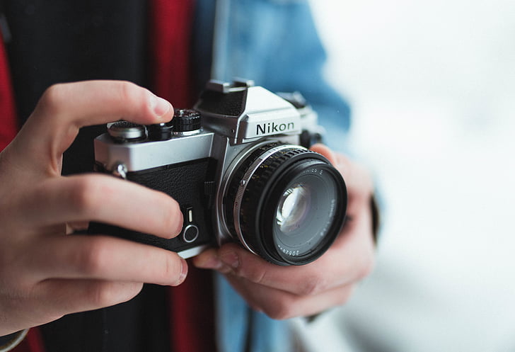 hitam, abu-abu, Nikon, SLR, kamera, tema fotografi, kamera - peralatan fotografi