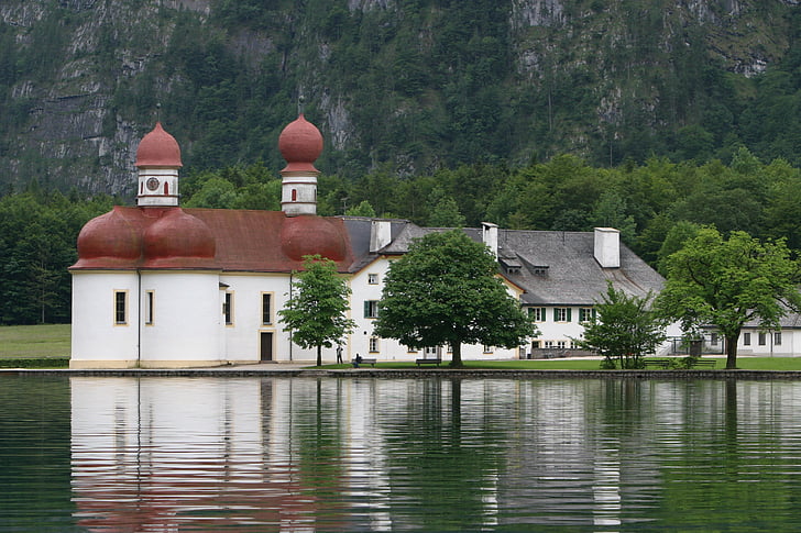king lake, berchtesgaden, island, saint bartholomä, church, monastery, chapel