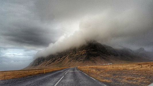 fog, mountain, hills, road, lane, clouds, sky