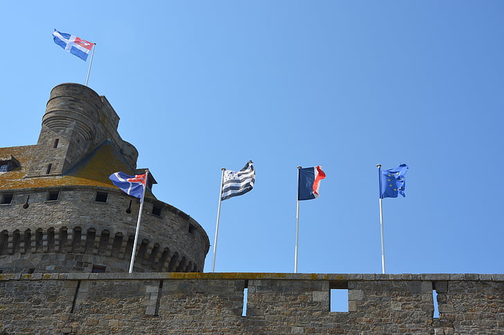flagg, Bretagne, Europa, Saint-Malo, Frankrike, blå himmel, fransk
