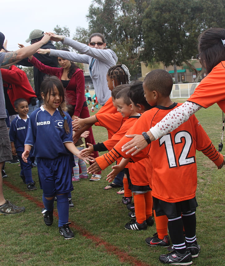 children, football match, sportsmanship, smile, handshakes, competing teams, team