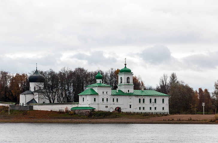 monastery, mirozhsky, architecture, cross, pskov, russia, cloud