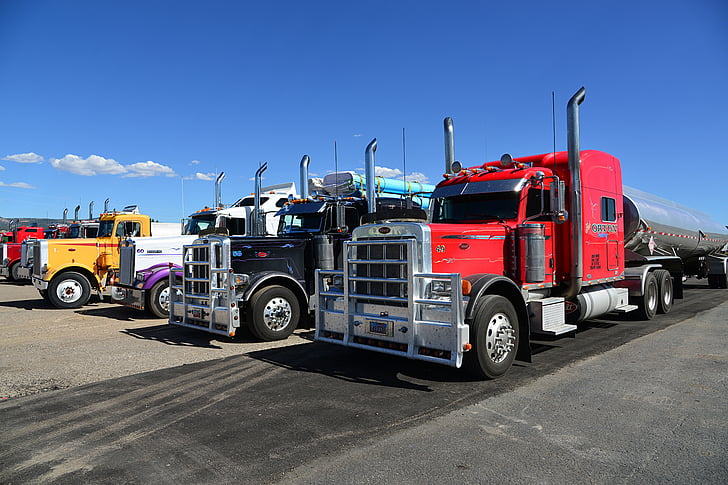 camión, semi remolques, Estados Unidos, vehículo de remolque, rojo, amarillo, violeta