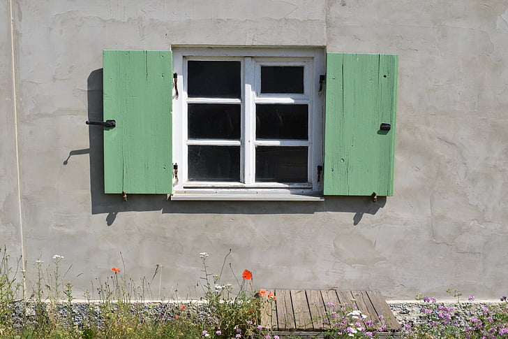 window, facade, old window, building, shutters, green, rural