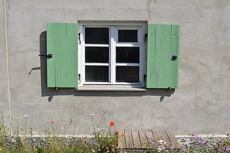 langas, fasadas, senas langas, pastatas, langinės, žalia, kaimo