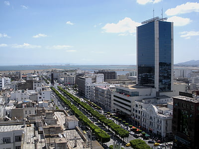 Tunis, Tunisko, obloha, mraky, mrakodrap, budovy, struktury