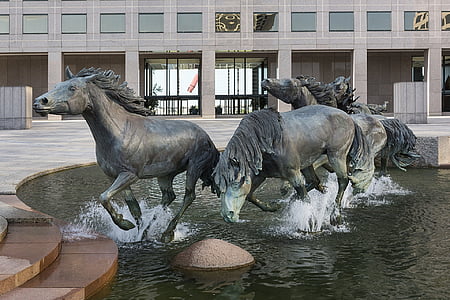 Mustangs, escultura, fonte, bronze, arte, arte-final, arquitetura