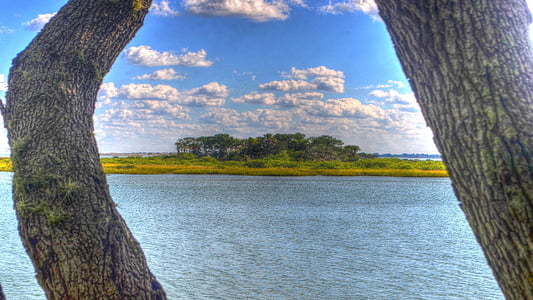 trees, water, river, island, clouds, blue sky, nature